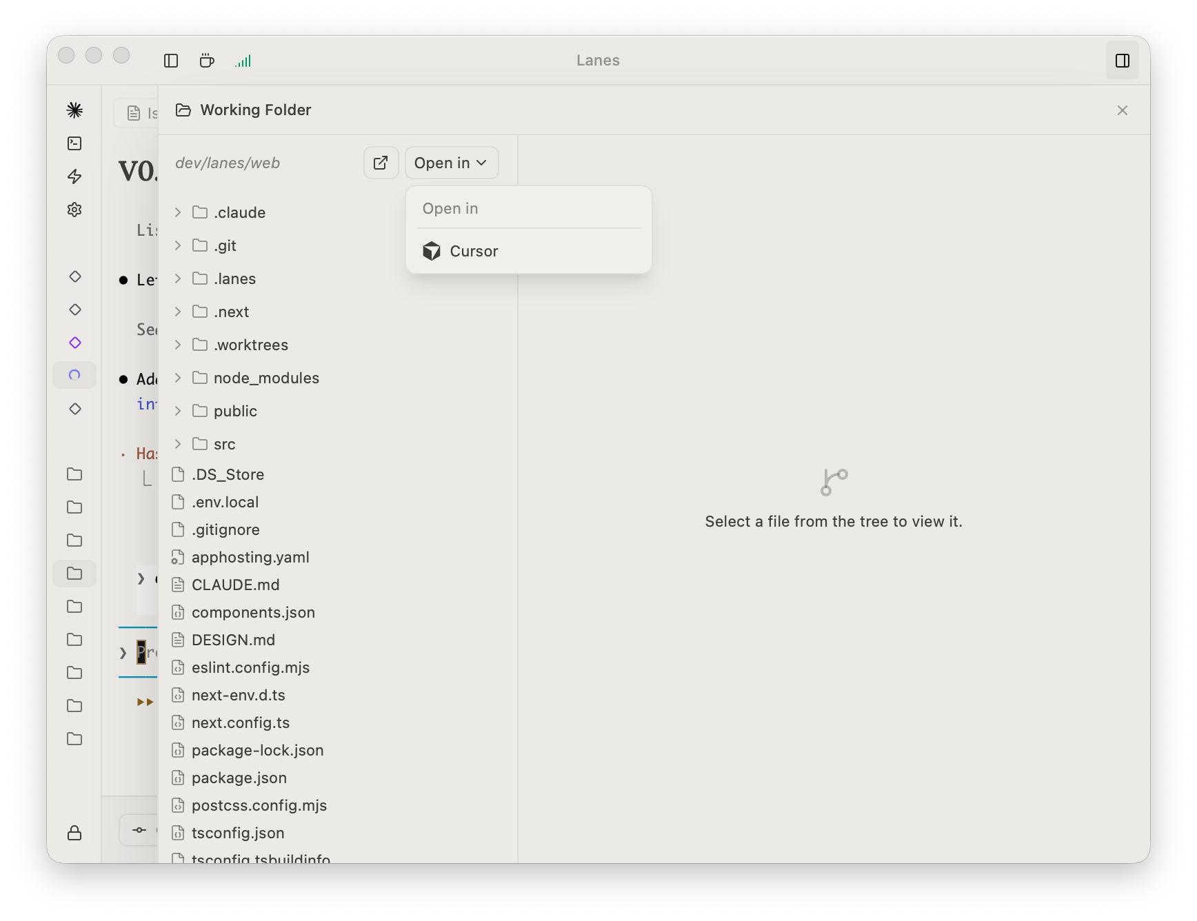 The Lanes Working Folder with the Open in menu open, listing the editors detected on the machine