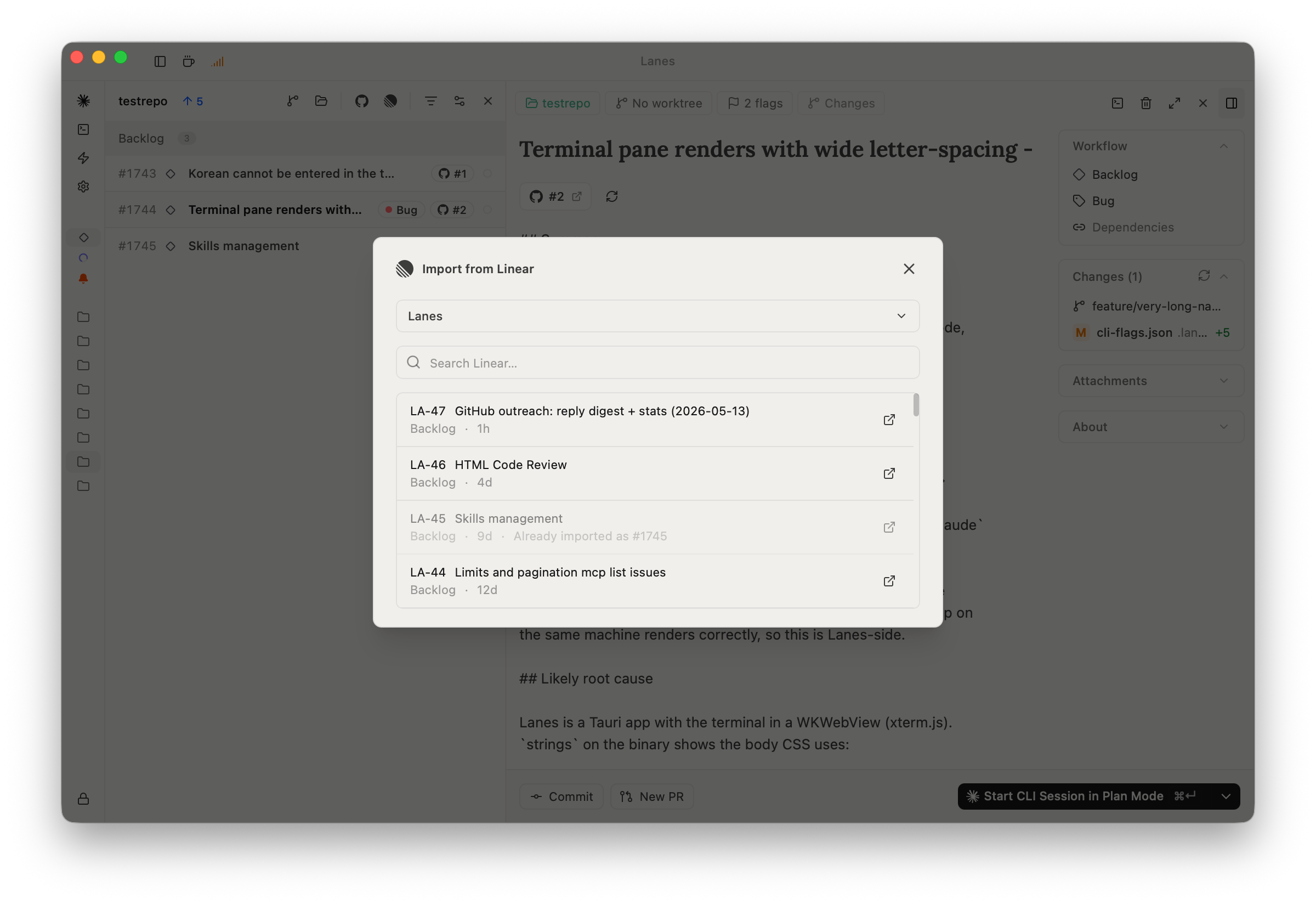 The Import from Linear dialog open over the Lanes board, with a team picker, search box, and list of upstream issues. Issues already imported are greyed out and show their local Lanes issue number.