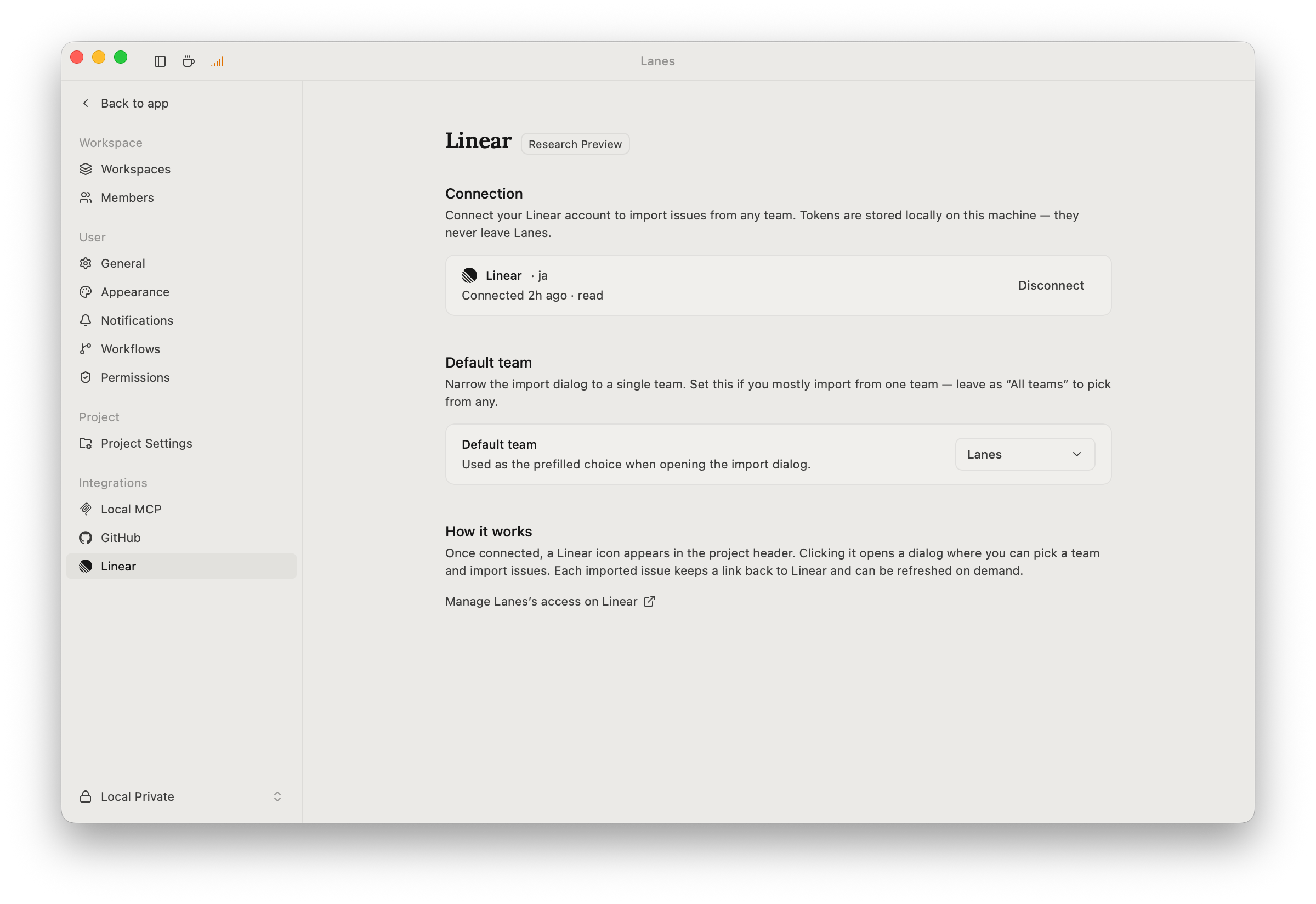 The Linear settings page in Lanes showing the Connected state, the default team picker, and the how-it-works summary