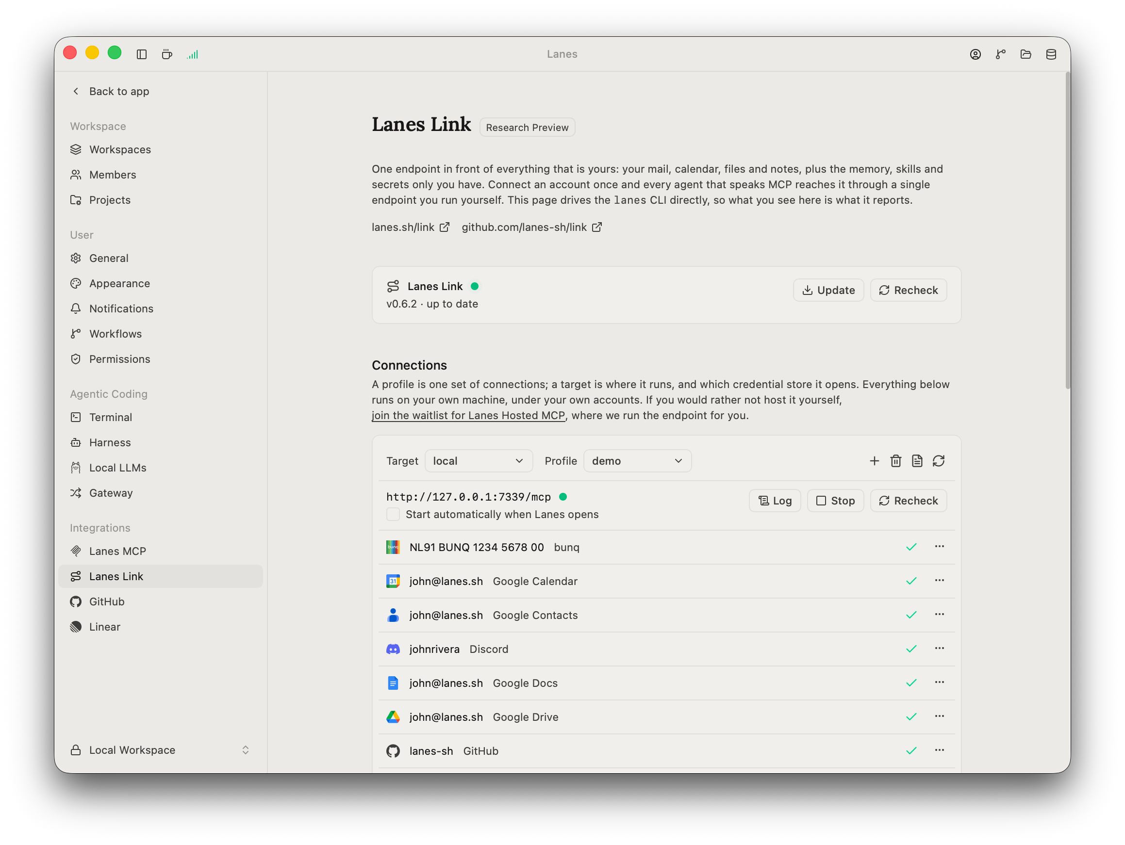 The Lanes Link settings page in the Lanes desktop app, showing the CLI status card with its version, the workspace and profile selectors, the endpoint row with its running state, and the list of connected accounts