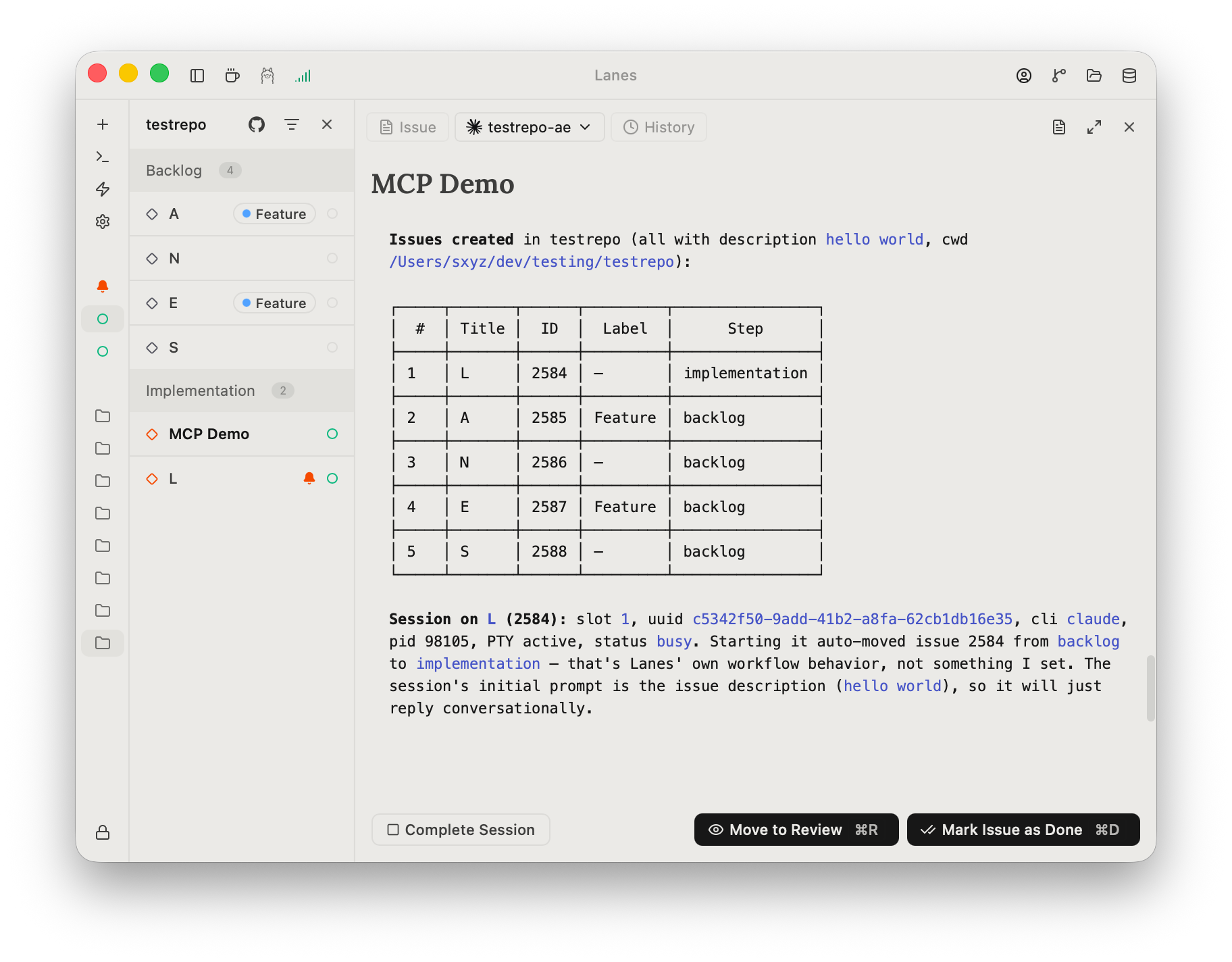 An agent creating a batch of Lanes issues and starting a session on one of them, driven entirely through the Lanes MCP server