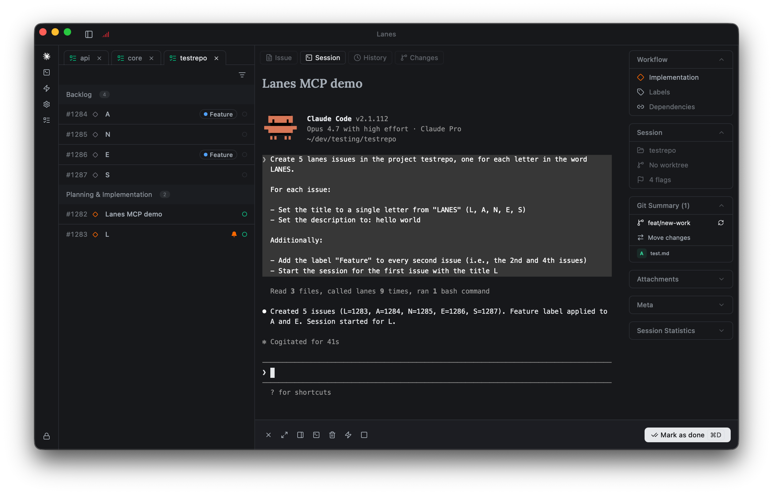 Claude Code calling Lanes MCP tools to list and triage issues from a chat session