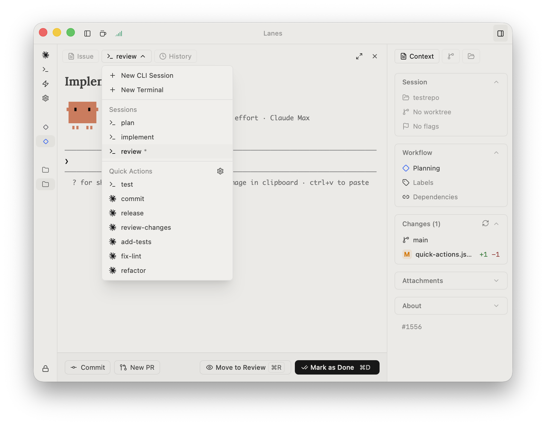 The session selector open on the Implement new endpoints issue showing three sessions named plan, implement, and review under a Sessions group, plus a Quick Actions group with test, commit, release, review-changes, add-tests, fix-lint, and refactor, alongside the issue's Context panel