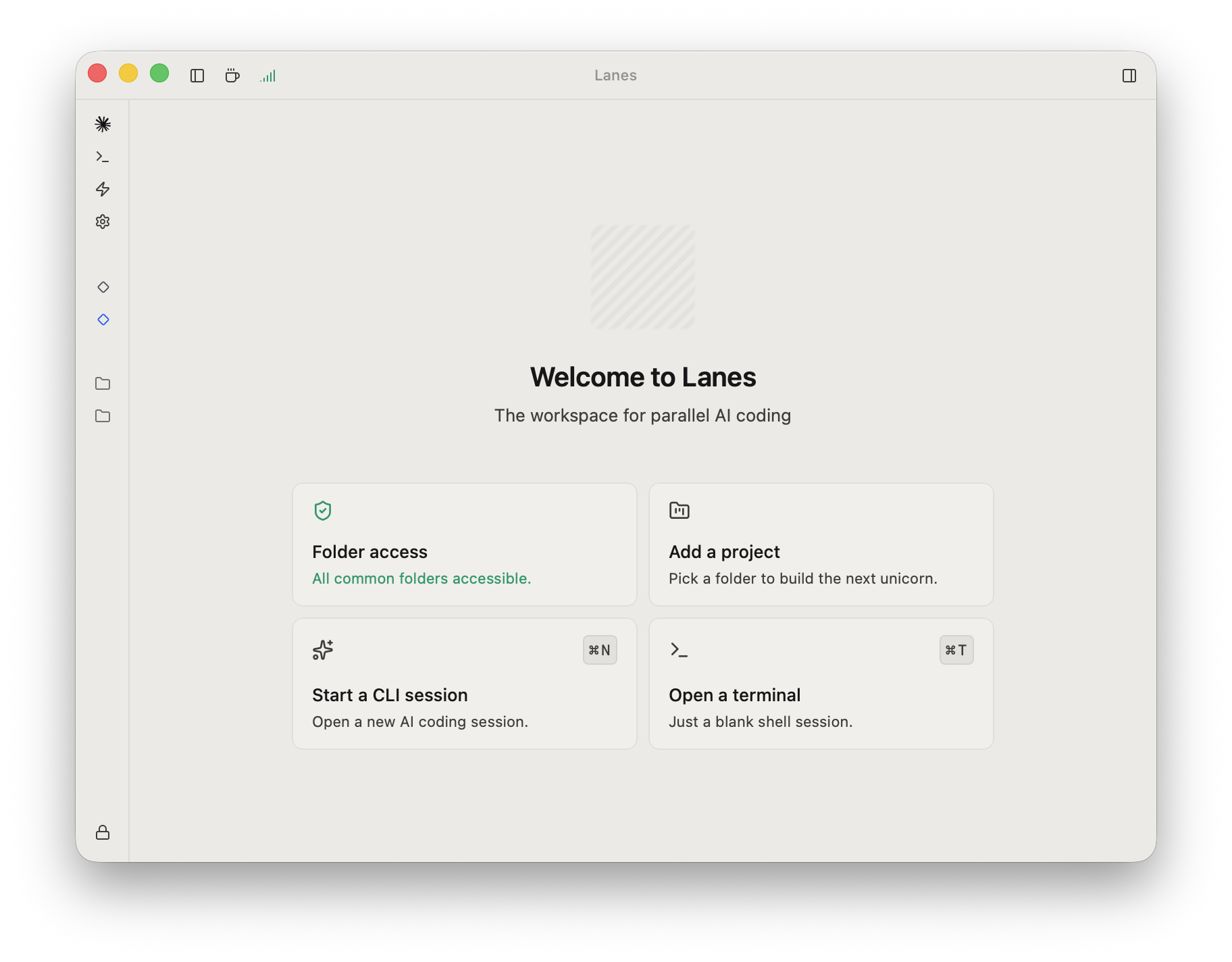 The refreshed Lanes welcome screen with the headline 'Welcome to Lanes' and the tagline 'The workspace for parallel AI coding', plus four cards: Folder access, Add a project, Start a CLI session, and Open a terminal