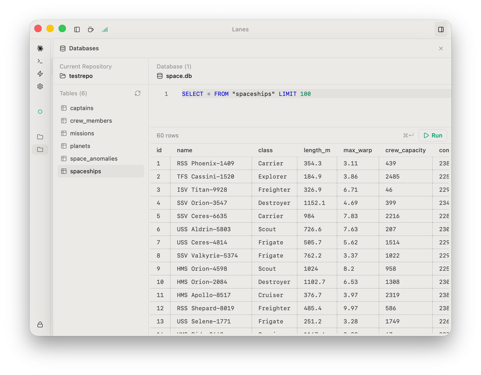 The Databases Explorer showing the table list on the left, a SQL query in the editor, and the results grid below