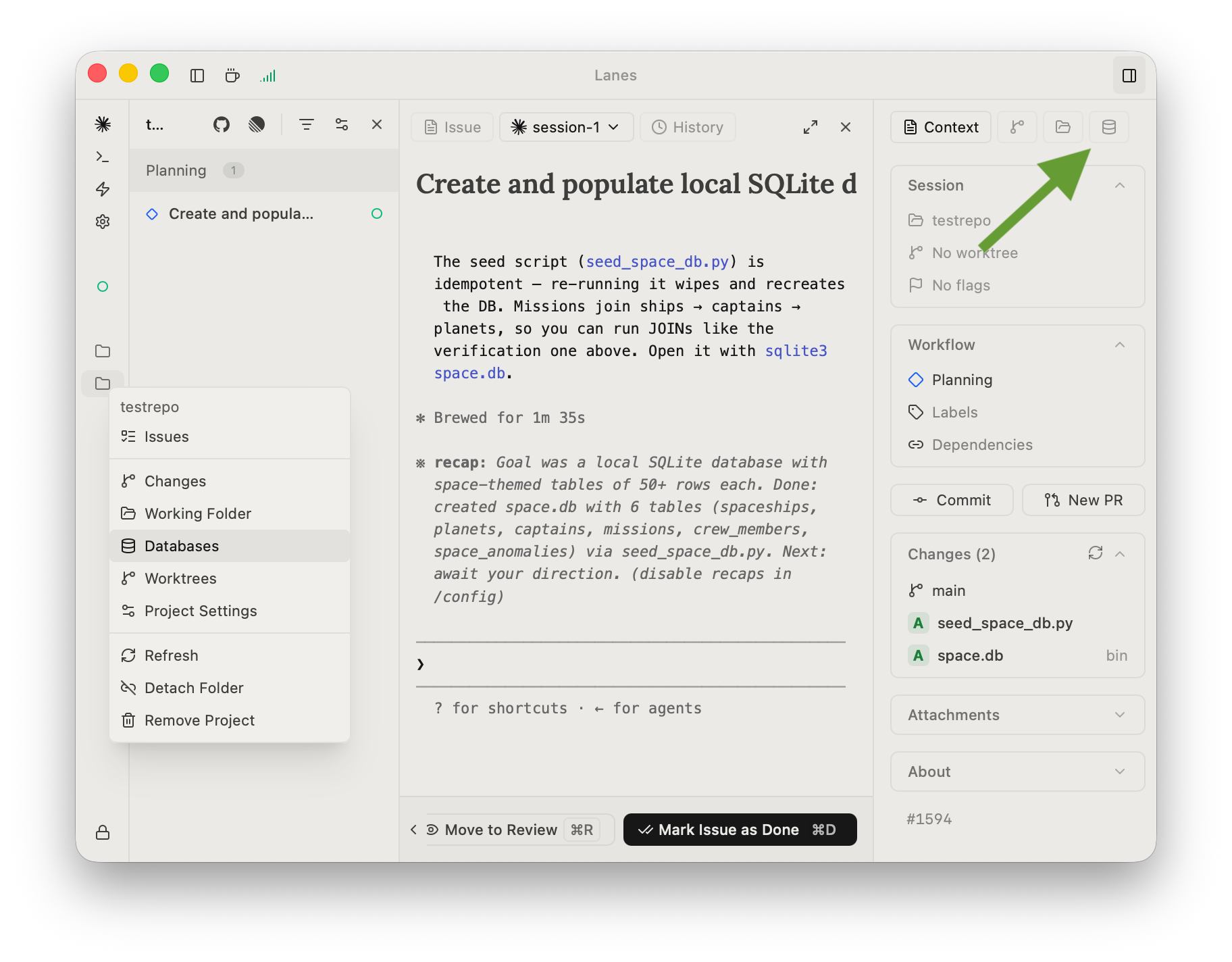 The Databases entry in the project menu, with the context sidepanel toolbar icons highlighted