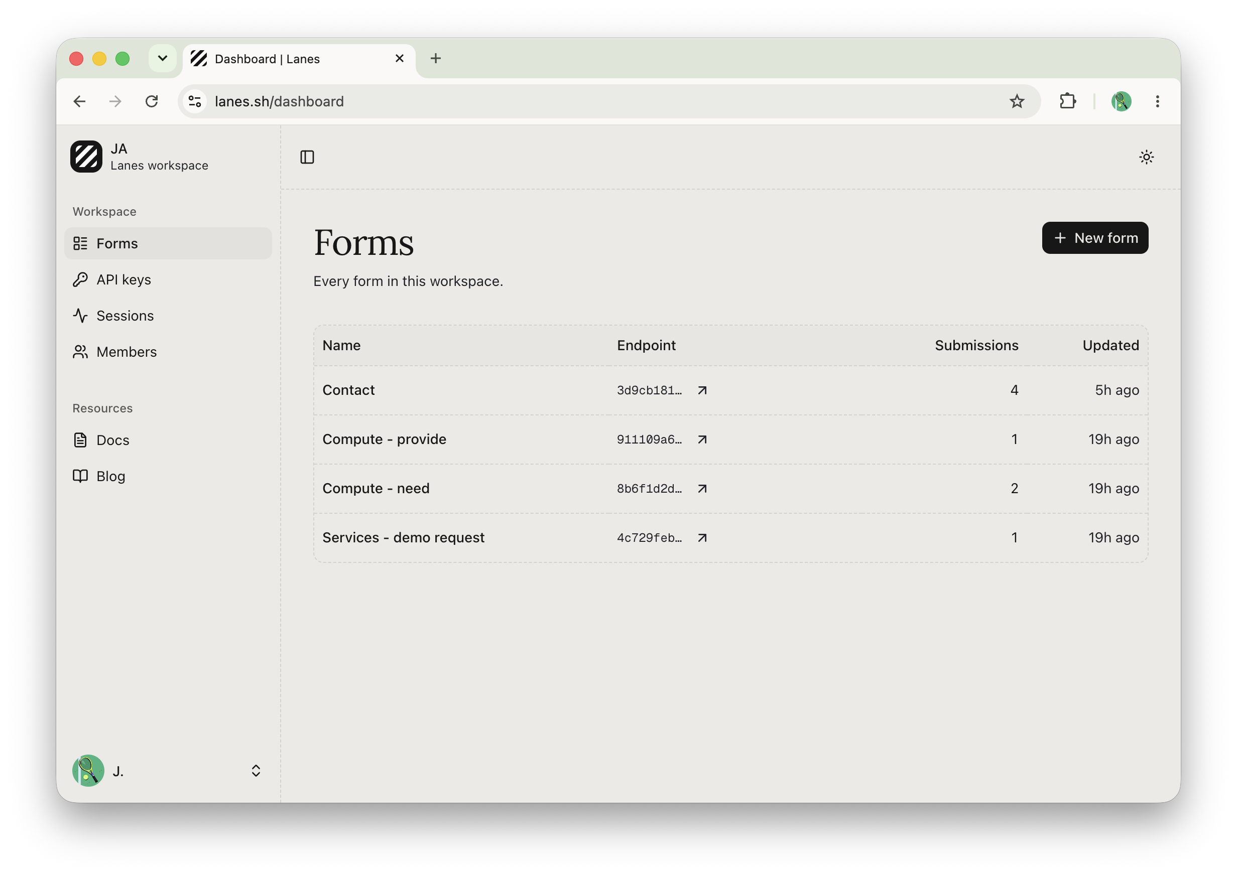 The Lanes dashboard showing the Forms view, with the Workspace sidebar listing Forms, API keys, Sessions, Members, and Billing