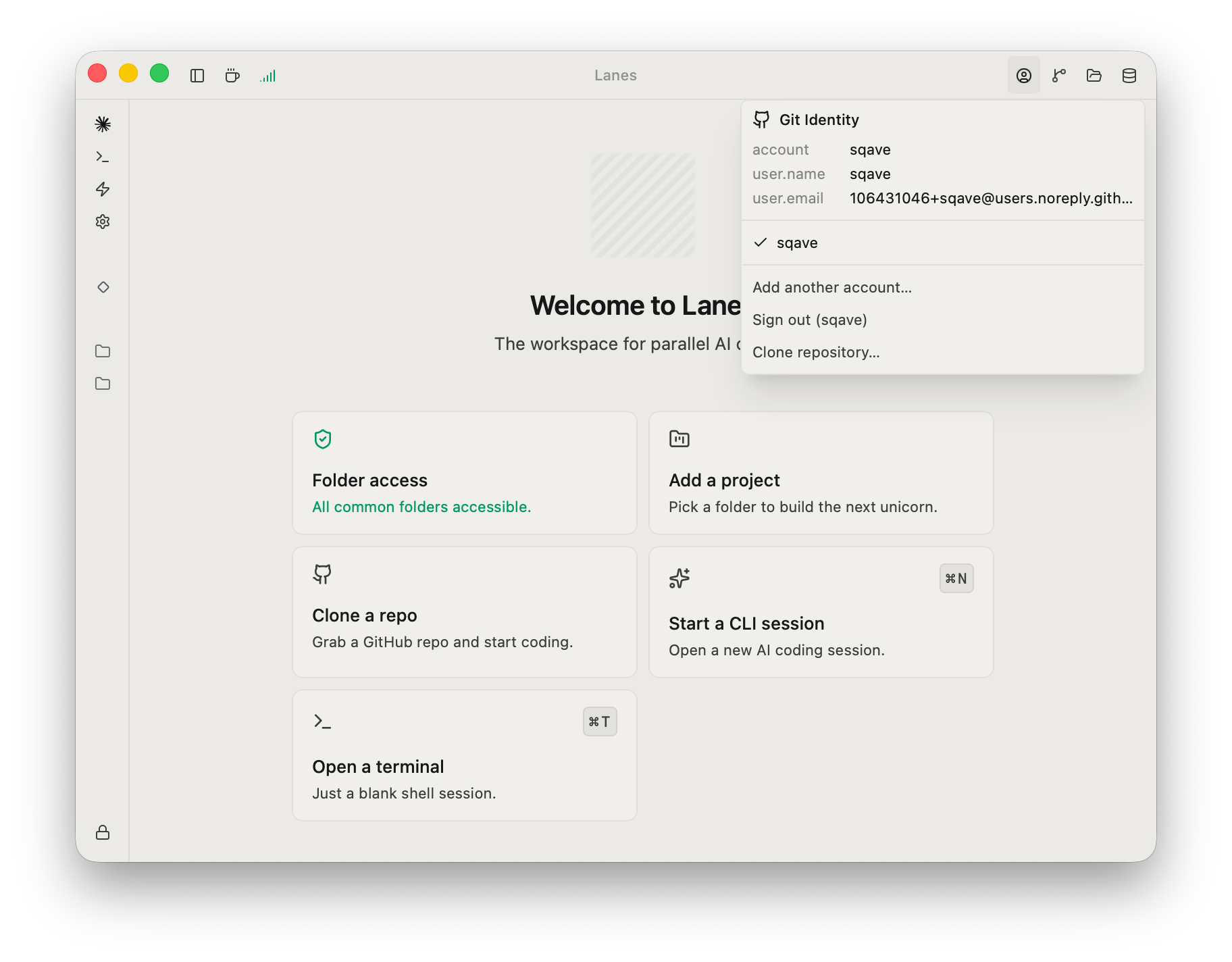 The Git Identity panel open from the Lanes app header, showing the active GitHub account, the current user.name and user.email for the repository, and actions to switch account, sign in, or clone a repository