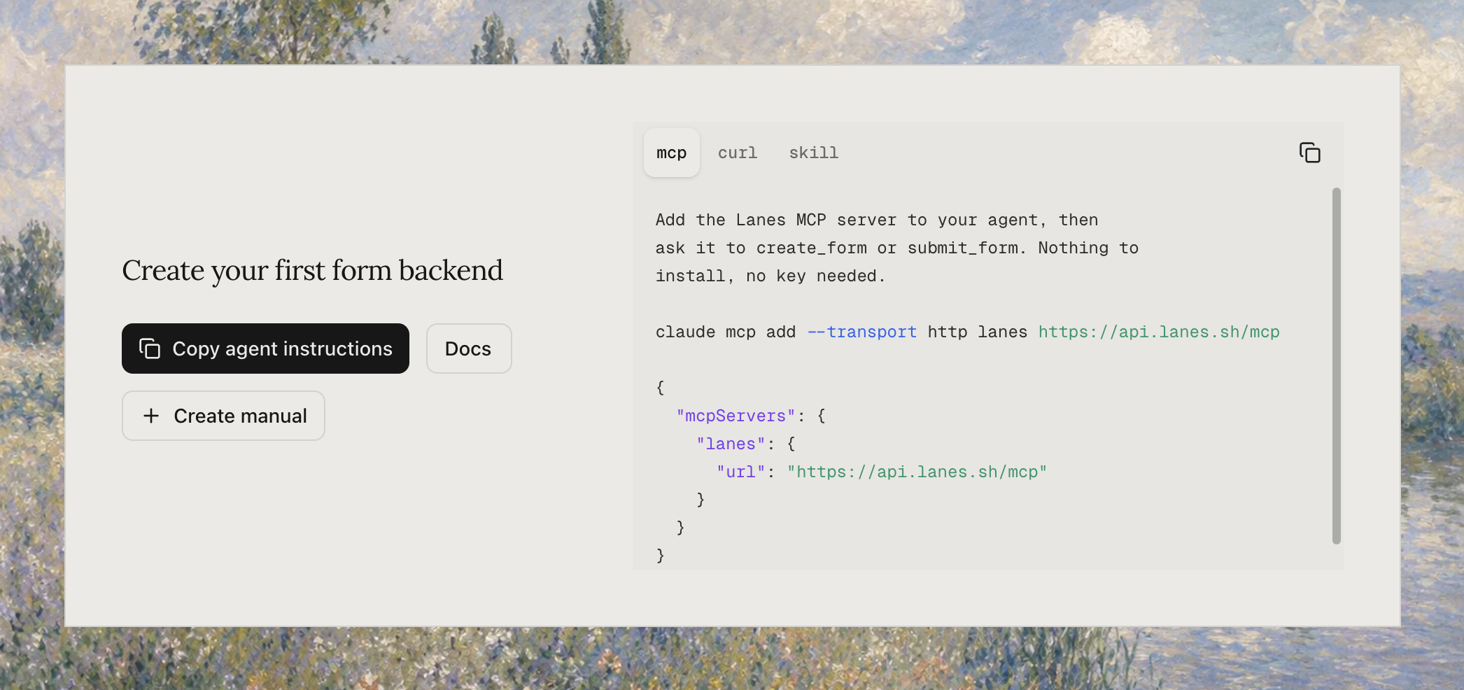 The Lanes Forms landing page showing the flow from provisioning an endpoint in one request to collecting submissions and claiming the form into your workspace