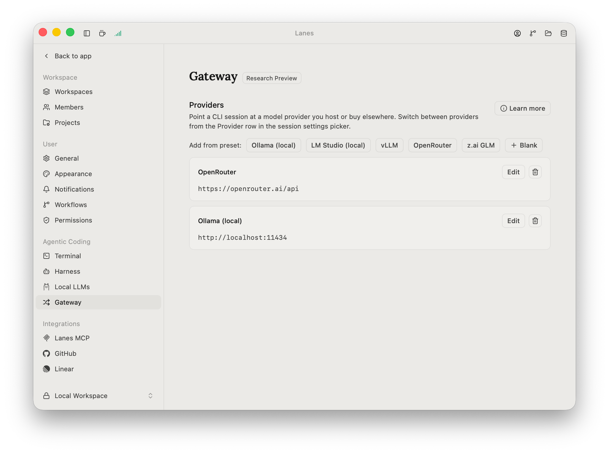 The Gateway settings page in Lanes, showing a list of provider profiles with base URL, auth mode, token, custom headers, and the Test connection button