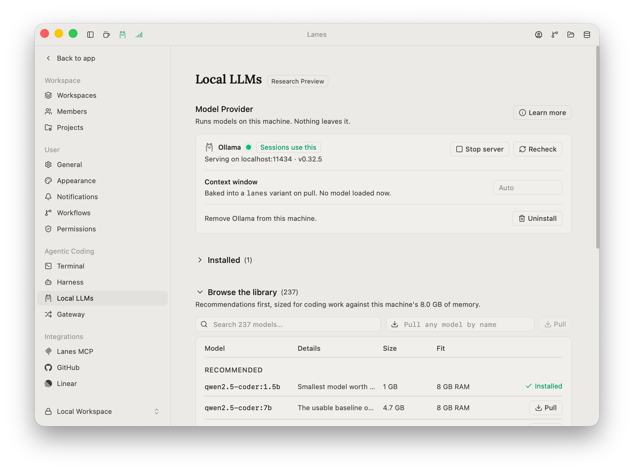 The Local LLMs settings page in Lanes, showing the Ollama status card and a table of installed and recommended models with Details, Size, and Fit columns